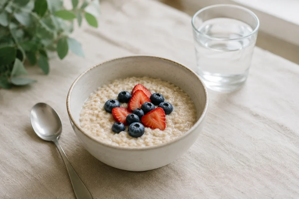 Cooked oatmeal with berries and water as a gradual high-fibre breakfast.