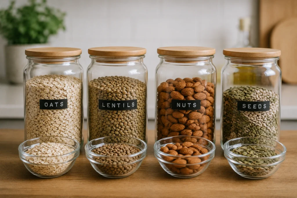 Oats, lentils, nuts, and seeds stored in separate jars for balanced fibre choices.
