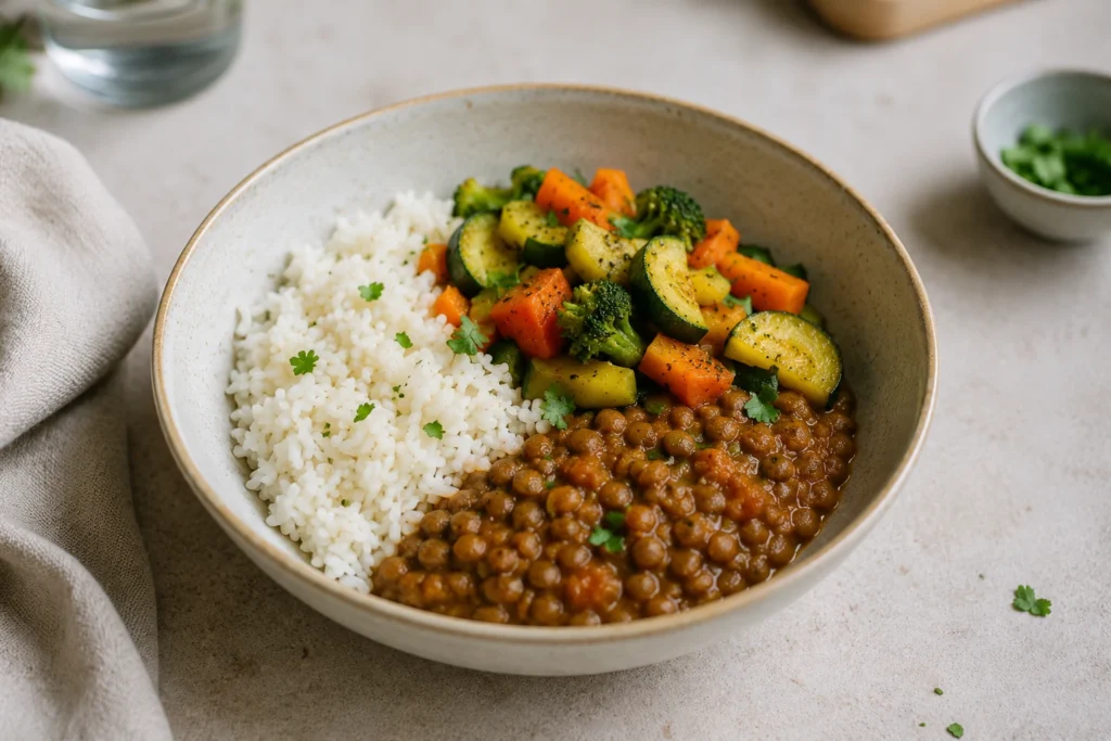 Rice and lentil bowl with cooked vegetables for a gradual fibre increase.